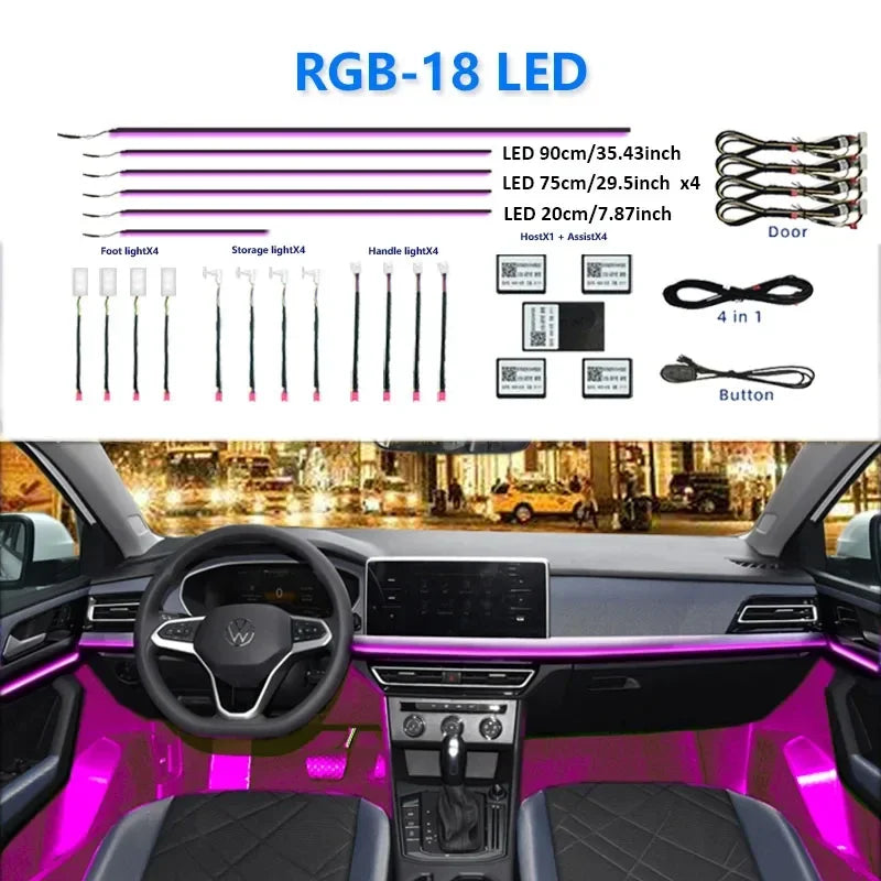 Kit Lumières Ambiance Intérieure Voiture 6 à 22 en 1 – LED Multicolores Contrôle App – Éclairage Atmosphère Musique – 12V HushBimmer