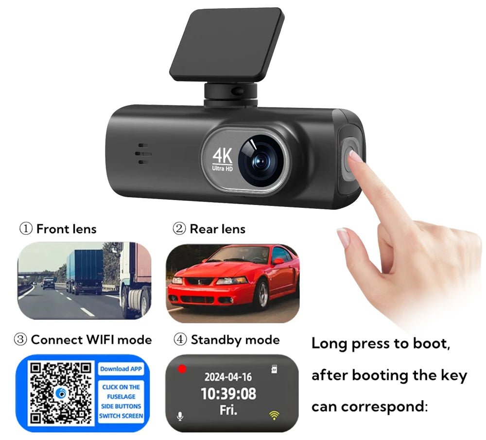 Caméra Dashcam 4K UHD Double Objectif avec WiFi, GPS et Surveillance 24h HushBimmer