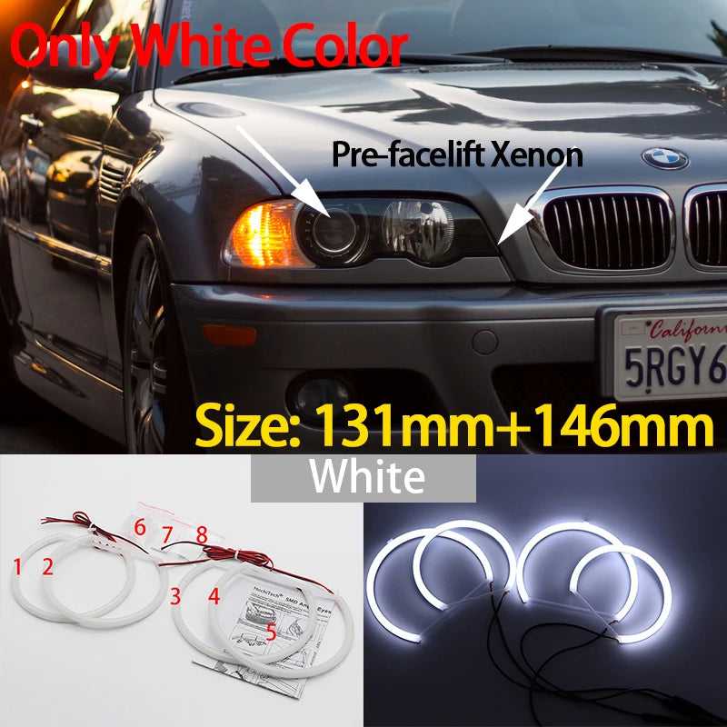 Angel Eyes LED Blanc 6000K – Pack 4 Anneaux – BMW Série 3 E46 (1998–2006) – Halogène & Xénon HushBimmer