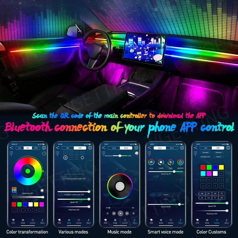 Kit Lumières Ambiance Intérieure Voiture 6 à 22 en 1 – LED Multicolores Contrôle App – Éclairage Atmosphère Musique – 12V HushBimmer