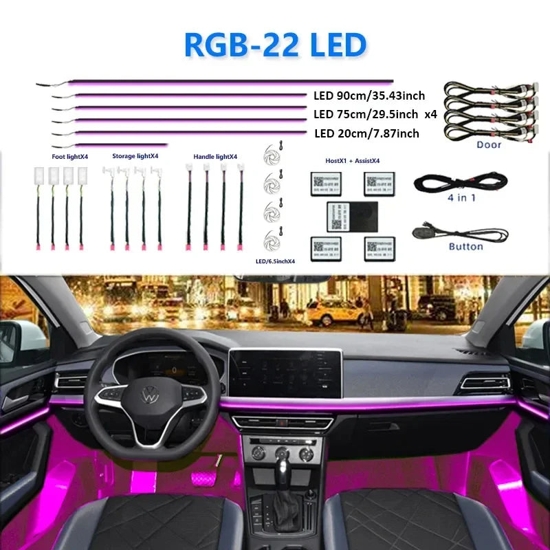 Kit Lumières Ambiance Intérieure Voiture 6 à 22 en 1 – LED Multicolores Contrôle App – Éclairage Atmosphère Musique – 12V HushBimmer