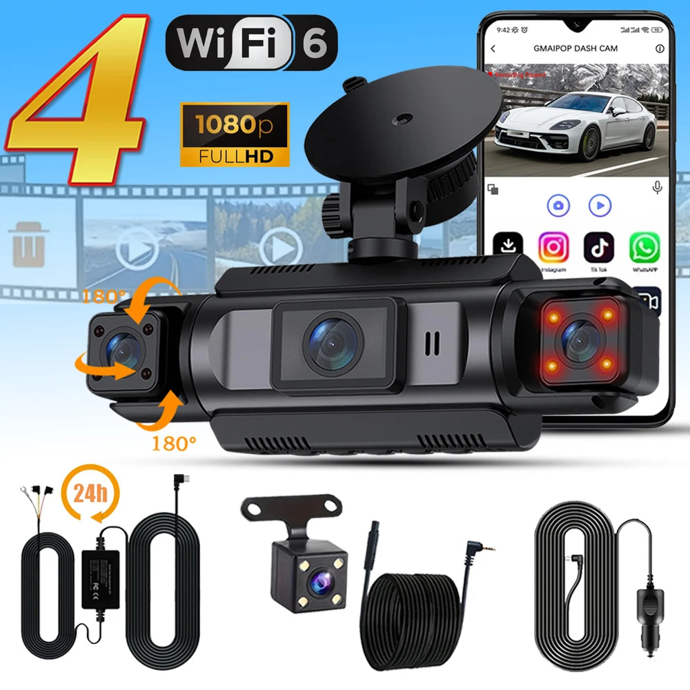 Caméra Dashcam Voiture 4 Canaux FHD 1080P – WiFi, Vision Nocturne, Surveillance 24h, Enregistrement en Boucle HushBimmer