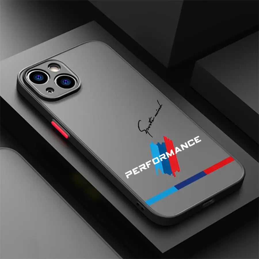 Coque iPhone 16 Pro, 16e, 15, 14, 13 Pro, 12 Mini, 11/11 Pro Max, XR, XS – Design BMW Performance Logo Bleu Rouge HushBimmer