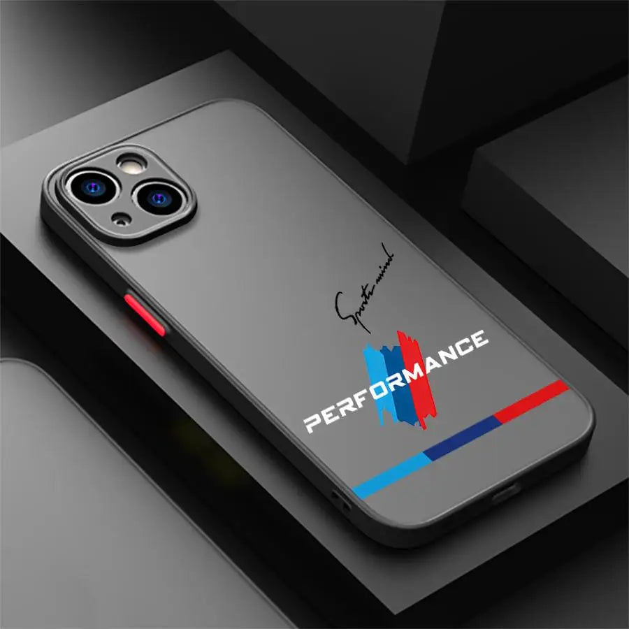 Coque iPhone 16 Pro, 16e, 15, 14, 13 Pro, 12 Mini, 11/11 Pro Max, XR, XS – Design BMW Performance Logo Bleu Rouge HushBimmer