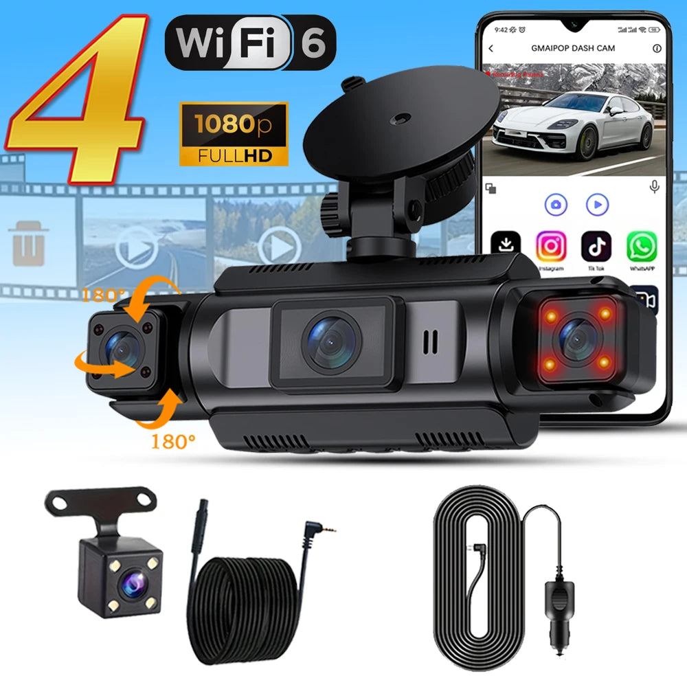 Caméra Dashcam Voiture 4 Canaux FHD 1080P – WiFi, Vision Nocturne, Surveillance 24h, Enregistrement en Boucle HushBimmer