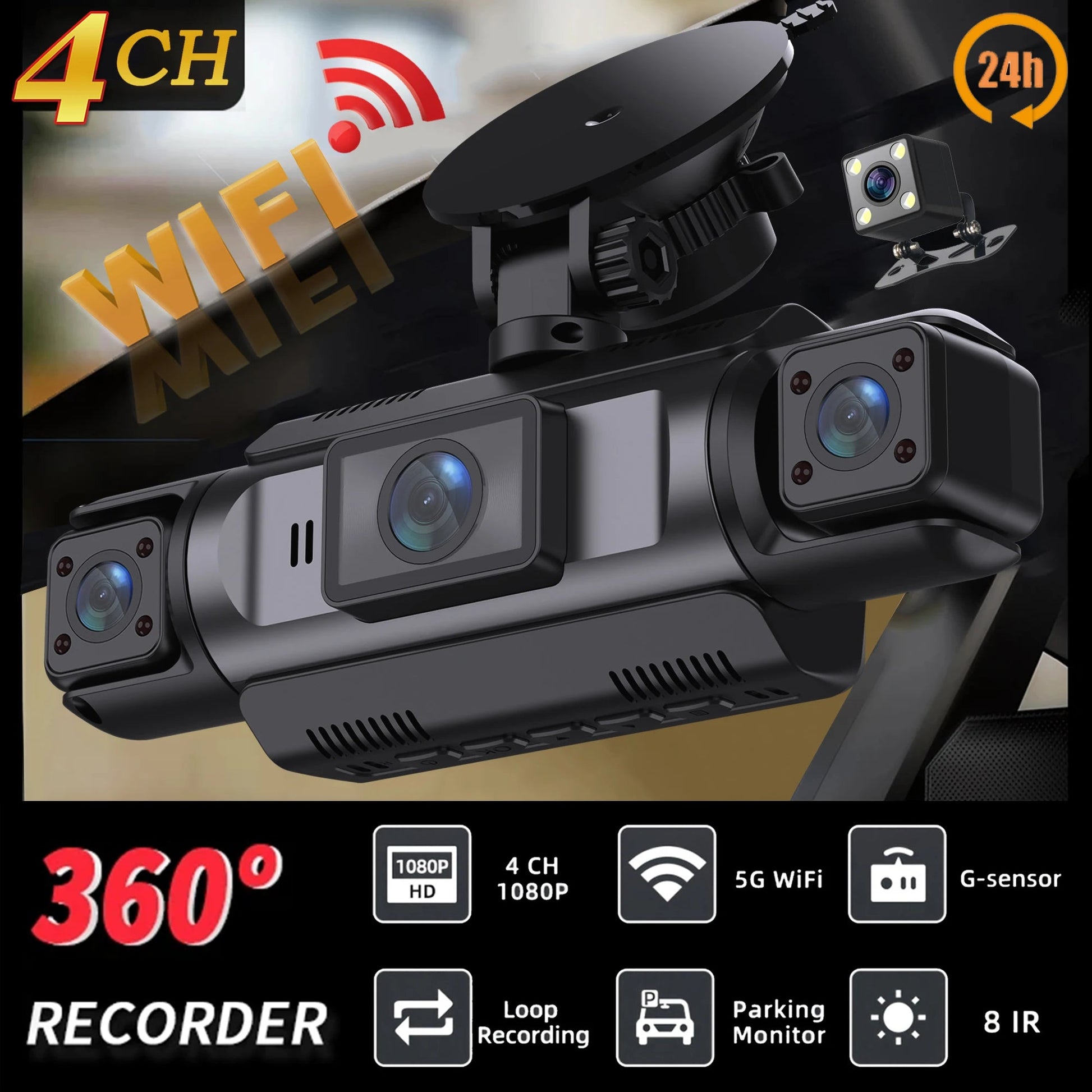 Caméra Dashcam Voiture 4 Canaux FHD 1080P – WiFi, Vision Nocturne, Surveillance 24h, Enregistrement en Boucle HushBimmer