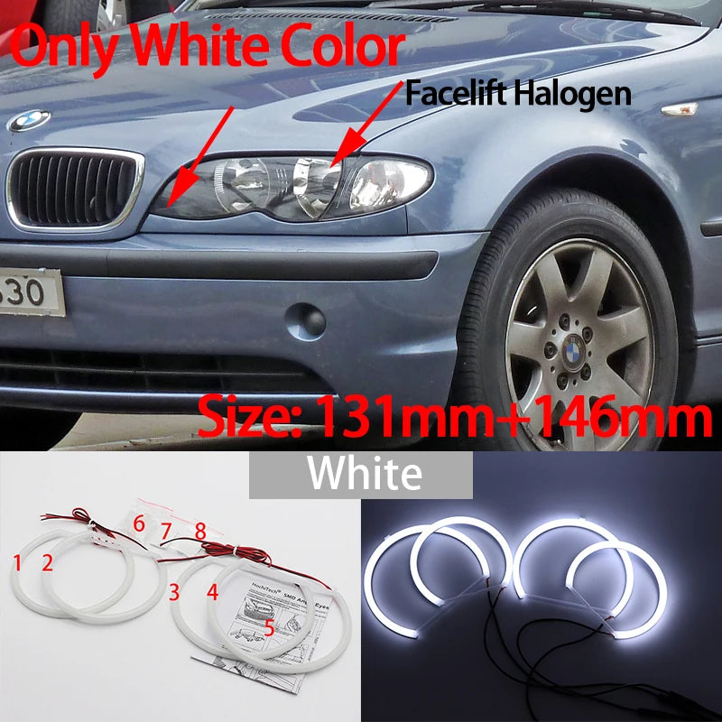 Angel Eyes LED Blanc 6000K – Pack 4 Anneaux – BMW Série 3 E46 (1998–2006) – Halogène & Xénon HushBimmer