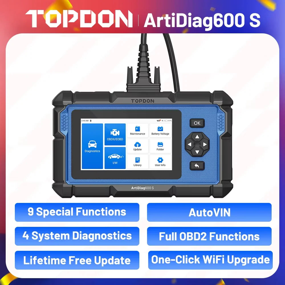 TOPDON ArtiDiag600S – Scanner Diagnostic Auto Professionnel OBD2 | Lecture Codes Moteur, ABS, Airbag, Transmission + 9 Réinitialisations Spécialisées HushBimmer