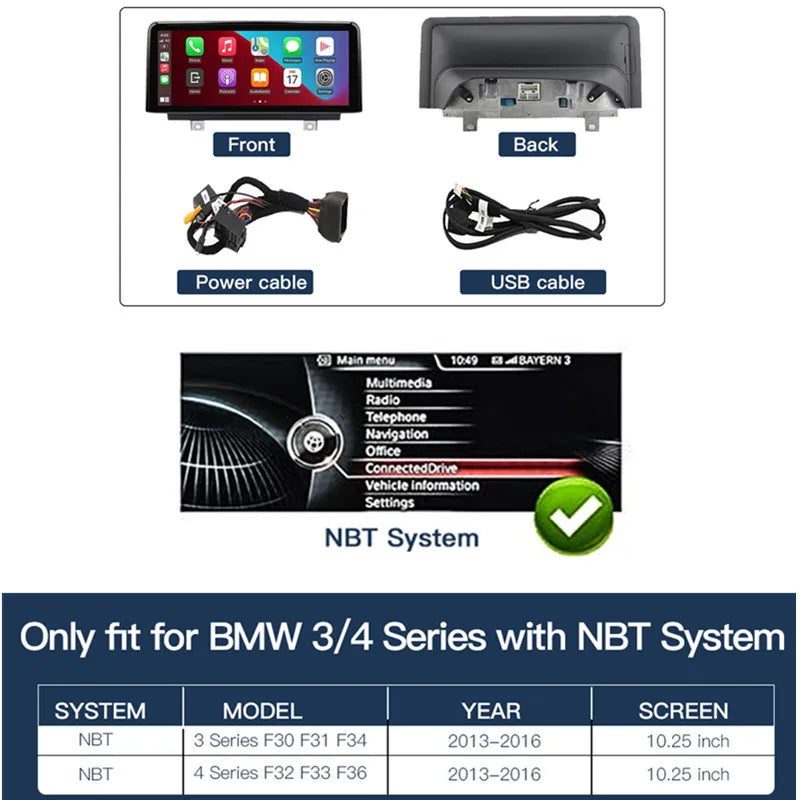 Écran Tactile GPS CarPlay & Android Auto – Pour BMW Série 1/2/3/4/5 F10 F11 F20 F21 F22 F30 F31 (Système NBT) HushBimmer