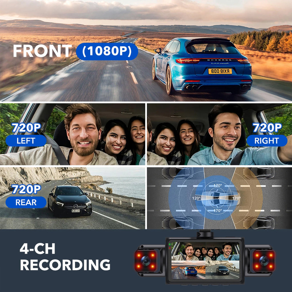 Caméra Dashcam Voiture 4 Canaux FHD 1080P – WiFi, Vision Nocturne, Surveillance 24h, Enregistrement en Boucle HushBimmer