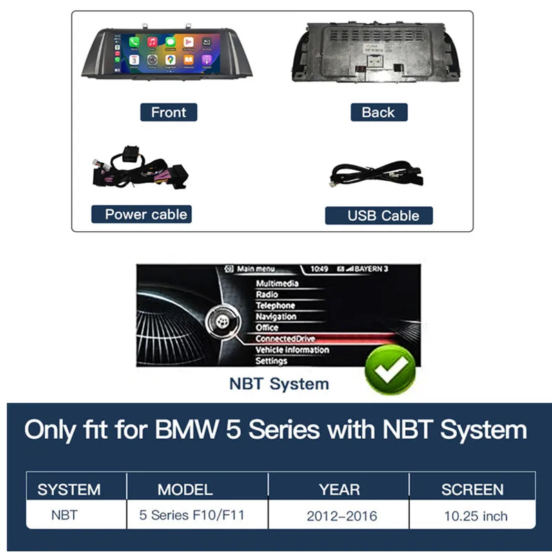 Écran Tactile GPS CarPlay & Android Auto – Pour BMW Série 1/2/3/4/5 F10 F11 F20 F21 F22 F30 F31 (Système NBT) HushBimmer