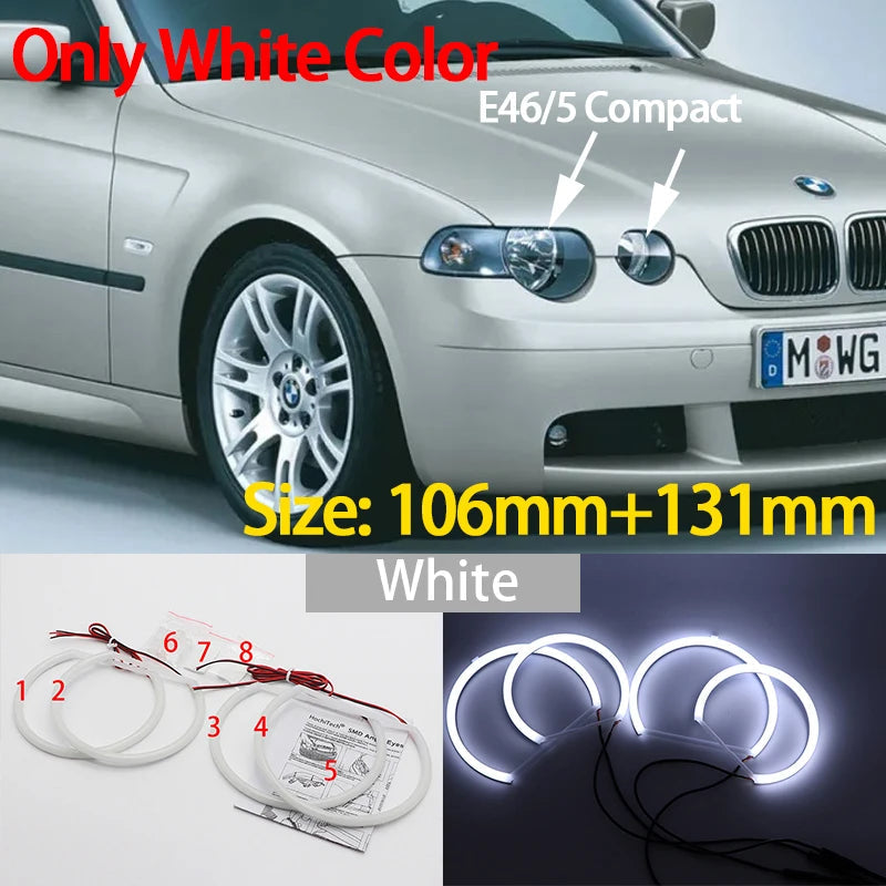 Angel Eyes LED Blanc 6000K – Pack 4 Anneaux – BMW Série 3 E46 (1998–2006) – Halogène & Xénon HushBimmer