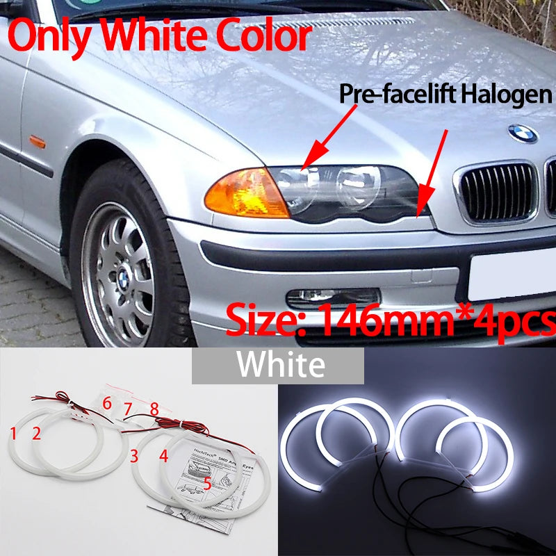 Angel Eyes LED Blanc 6000K – Pack 4 Anneaux – BMW Série 3 E46 (1998–2006) – Halogène & Xénon HushBimmer
