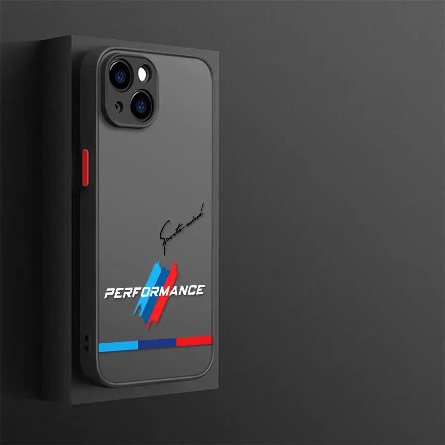 Coque iPhone 16 Pro, 16e, 15, 14, 13 Pro, 12 Mini, 11/11 Pro Max, XR, XS – Design BMW Performance Logo Bleu Rouge HushBimmer