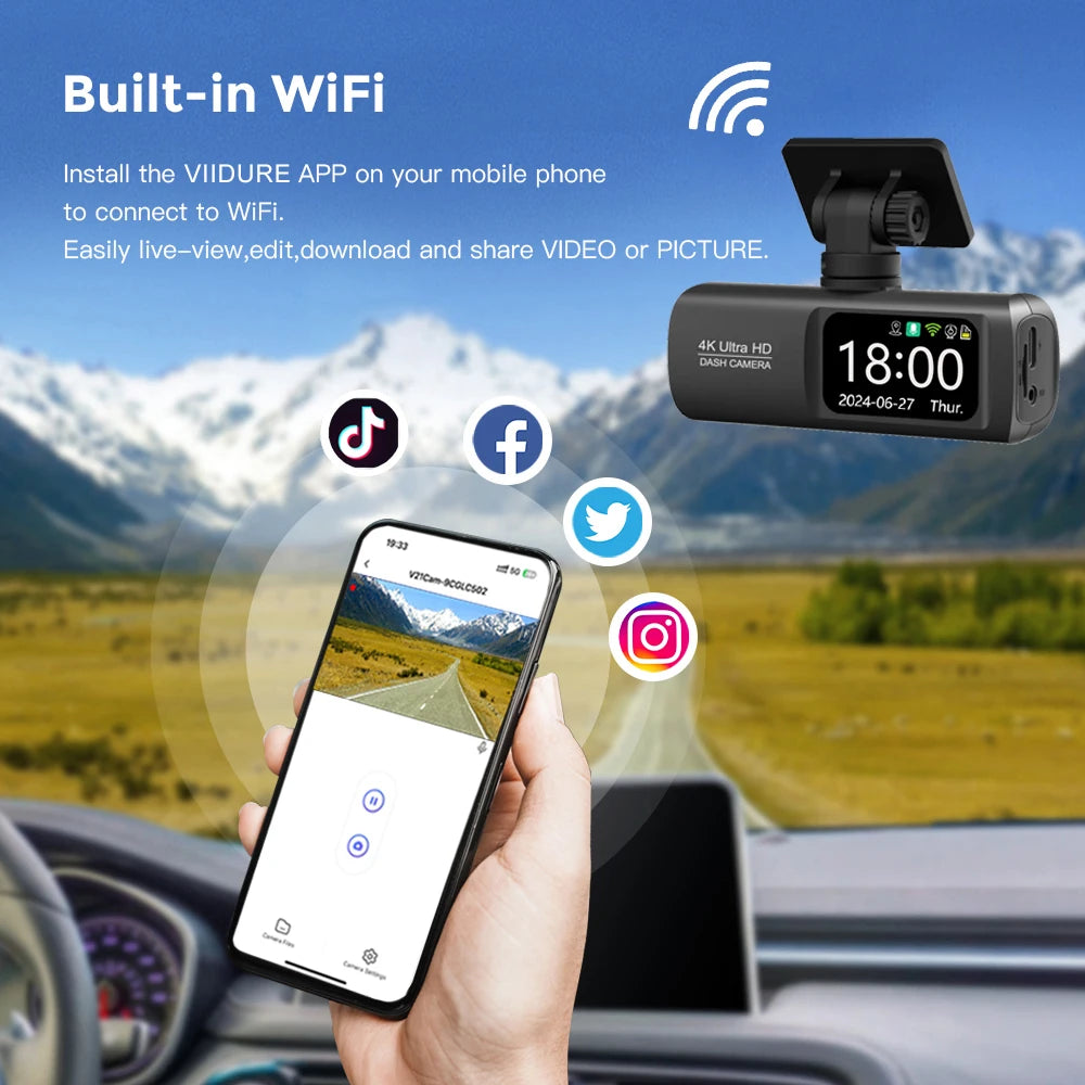 Caméra Dashcam 4K UHD Double Objectif avec WiFi, GPS et Surveillance 24h HushBimmer